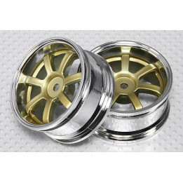 DT-7SPOKE - 1:10 Scale Wheel Set (2pcs) Chrome / Gold 7-Spoke RC Car 26mm (3mm Offset)