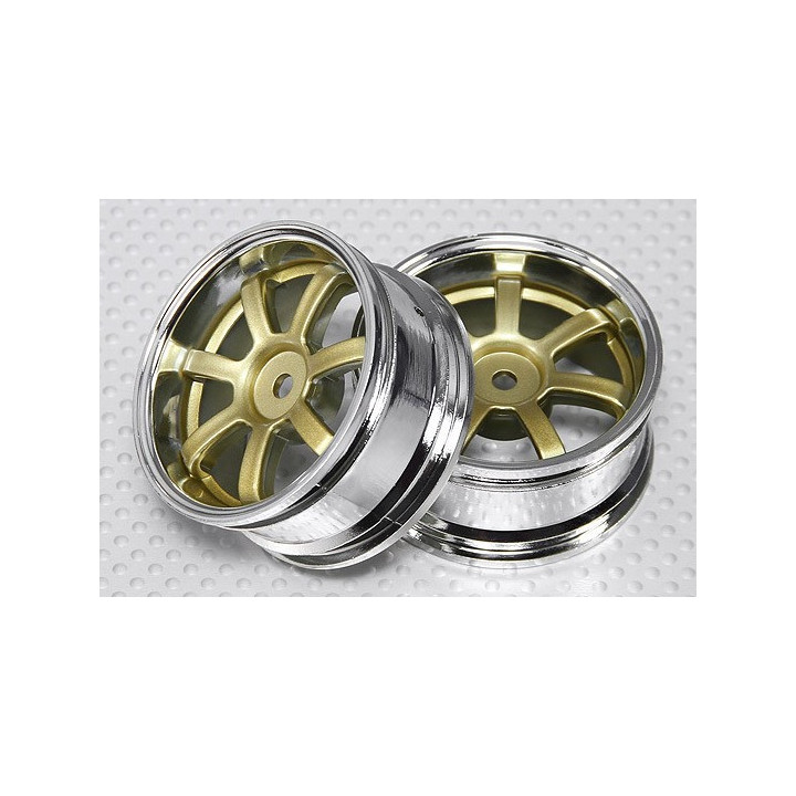 DT-7SPOKE - 1:10 Scale Wheel Set (2pcs) Chrome / Gold 7-Spoke RC Car 26mm (3mm Offset)